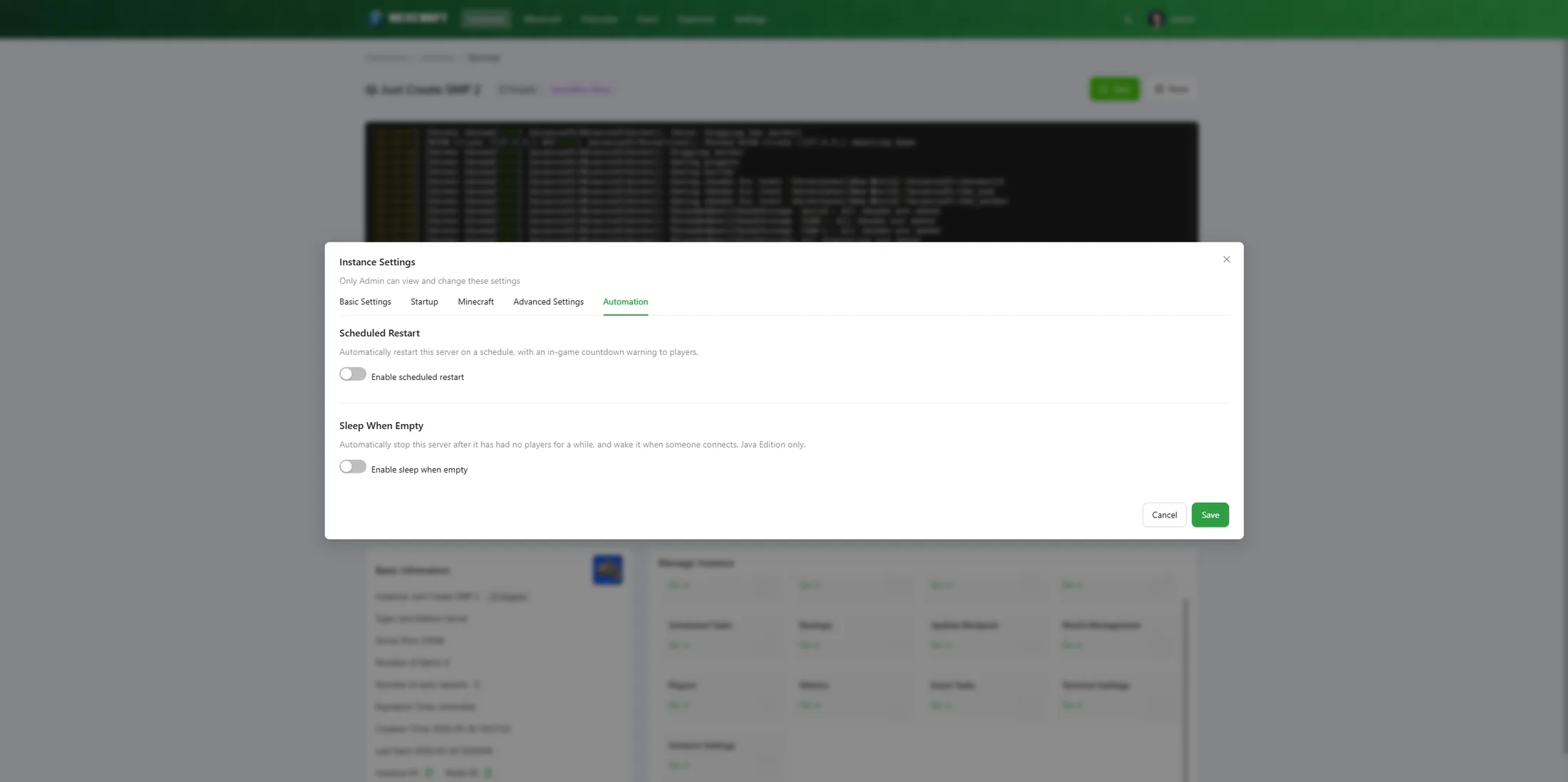 Automation tab — scheduled restart and sleep-on-empty