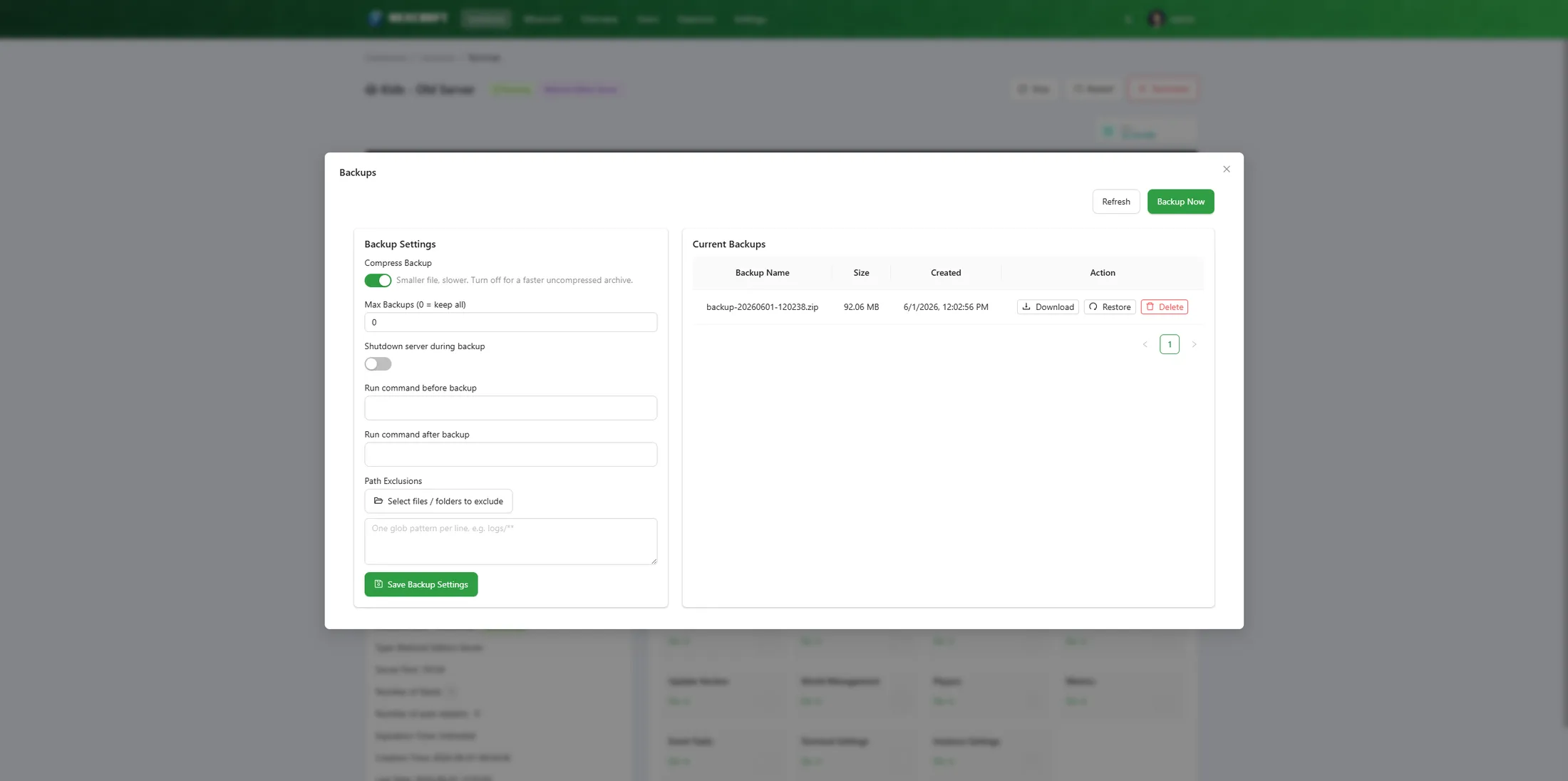 Backups page