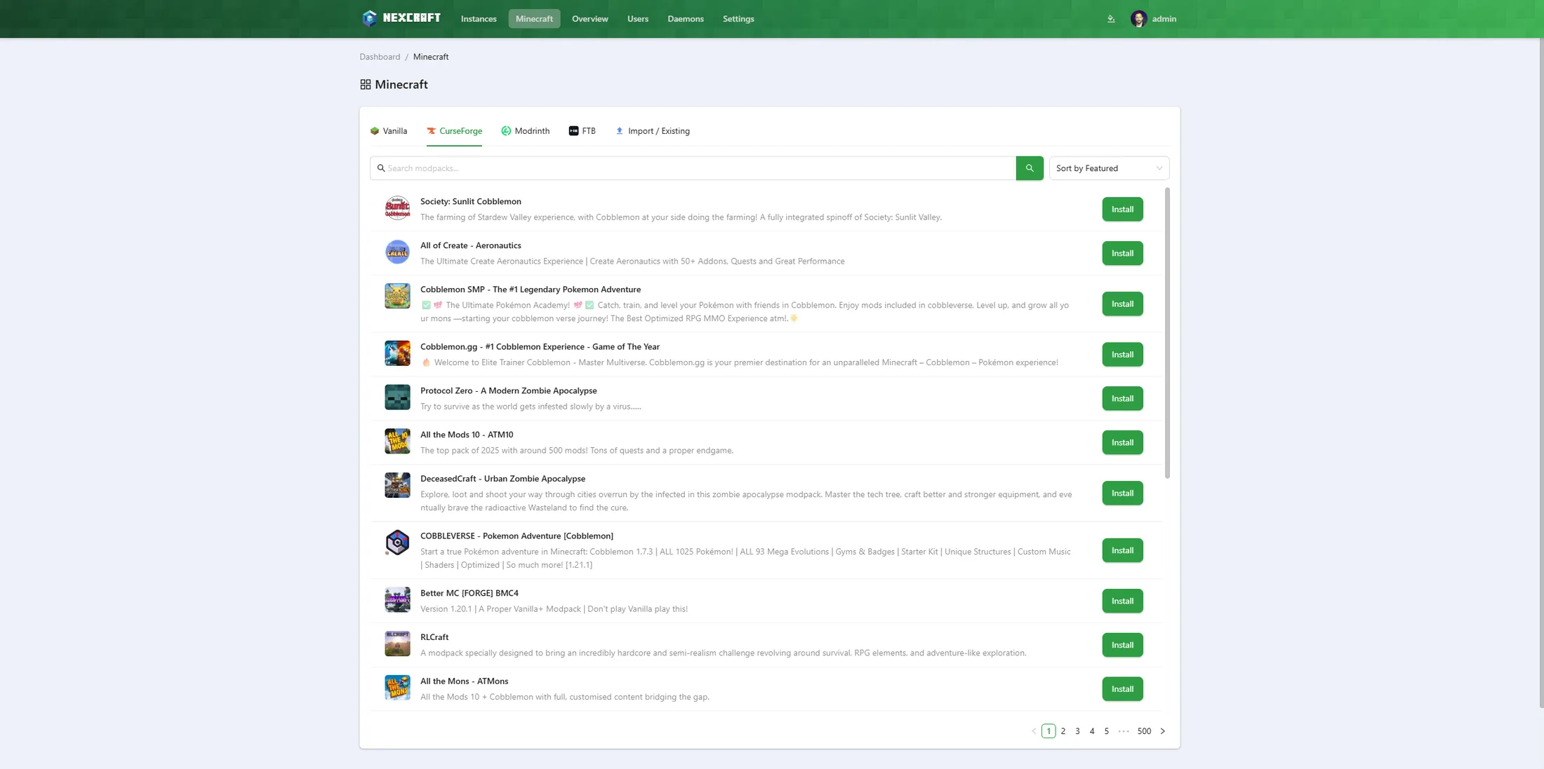 CurseForge modpack browser