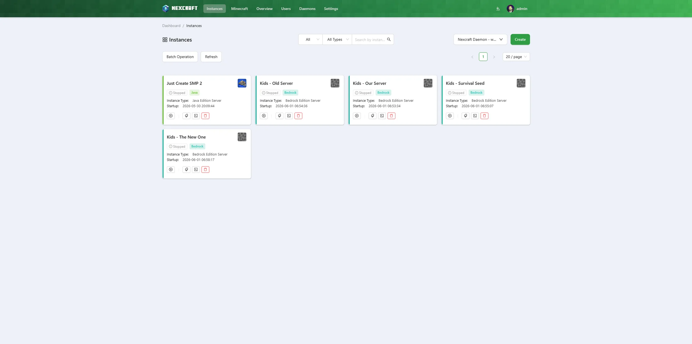 Instances list — edition badges and the Java / Bedrock filter