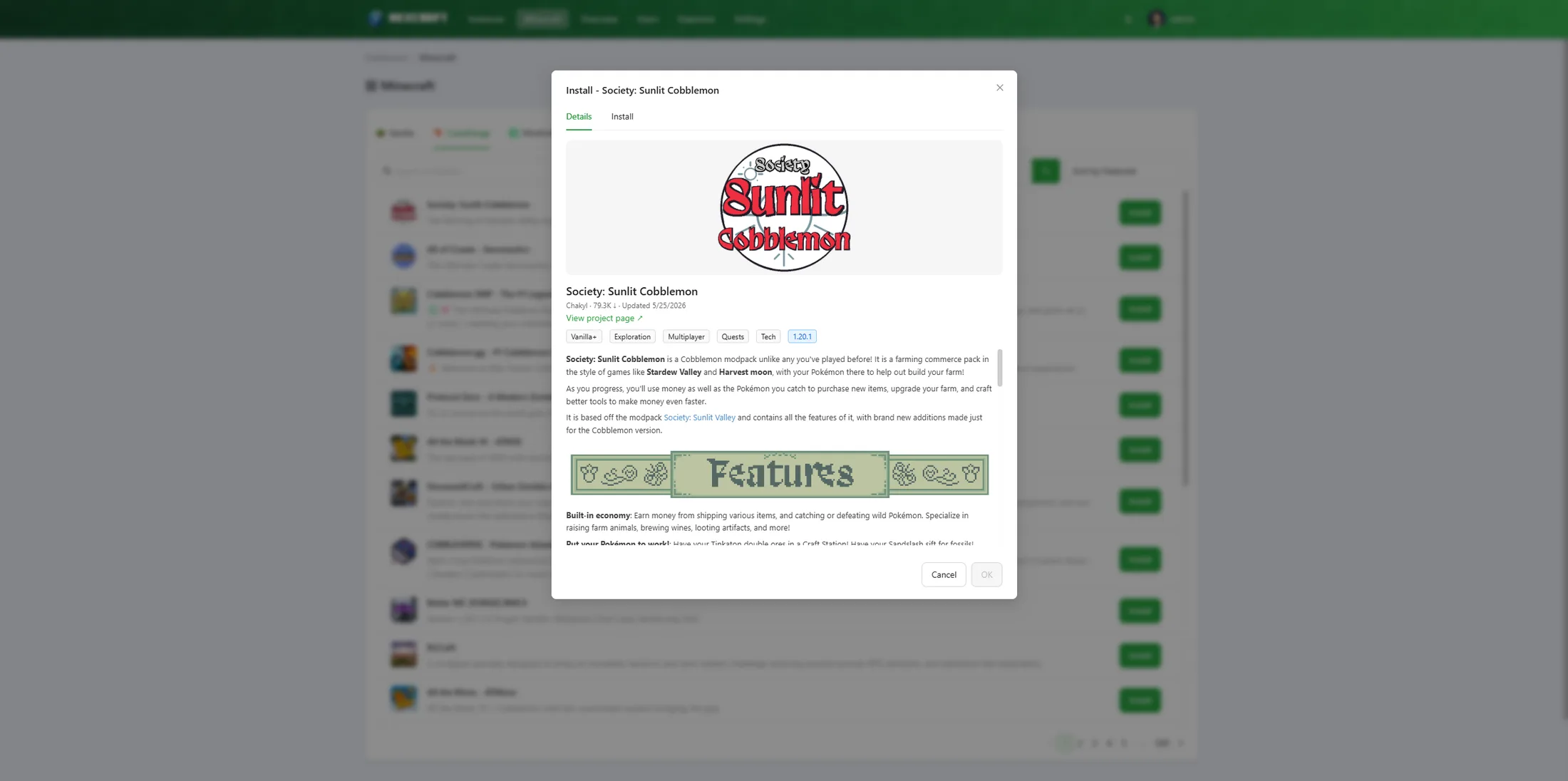 Modpack detail dialog — description, tags, versions, and Install