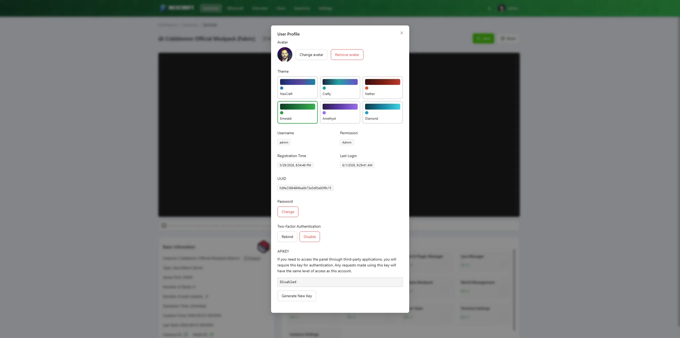 User profile — avatar upload and the six-theme picker